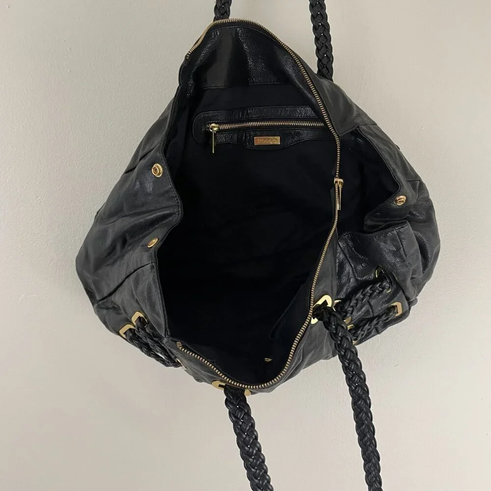 Treesje Black Leather Large Hobo Satchel Bag